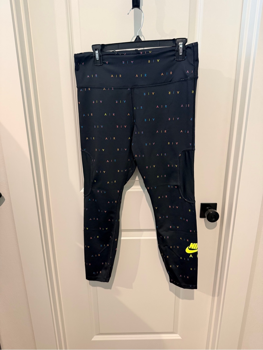 Nike Black Capri Leggings with Multicolor 'AIR' Print and Neon Yellow Swoosh